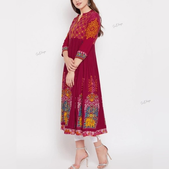 Anarkali Kurta - Pink Printed Indian Dress Ethnic Wear -‎ Kurta Women size XS - Picture 4 of 14